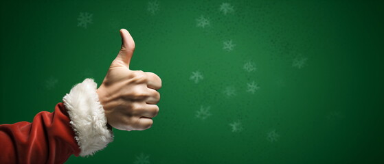 Santa Claus Hand with Thumb Up on green Background for christmas holidays, best satisfaction evaluation survey after use product and service concept.Good review result, quality product. Generative ai - obrazy, fototapety, plakaty