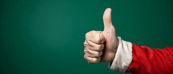 Santa Claus Hand with Thumb Up on green Background for christmas holidays, best satisfaction evaluation survey after use product and service concept.Good review result, quality product. Generative ai