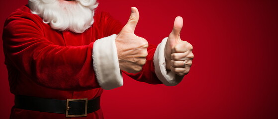 Santa Claus Hand with Thumb Up on red Background for christmas holidays, best satisfaction evaluation survey after use product and service concept.Good review result, quality product. Generative ai
