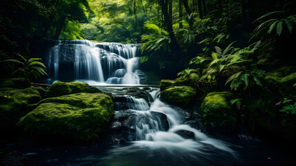 Obraz premium Enchanting Waterfall Cascading Through Lush Greenery, Captured with a Slow Shutter Speed to Emphasize the Flow, Enriched with Deep and Vivid Tones for an Alluring Aesthetic