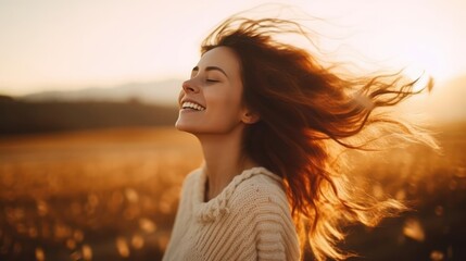Backlit Portrait of calm happy smiling free woman with closed eyes enjoys a beautiful moment life on the fields at sunset - Powered by Adobe