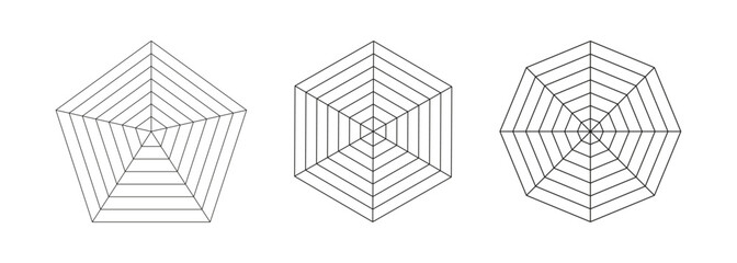 Pentagon, hexagon, octagon graphs. Collection of radar spider templates. Spider mesh. Set of blank radar charts. Flat web diagrams for statistic, analytics. Vector outline illustration. - obrazy, fototapety, plakaty