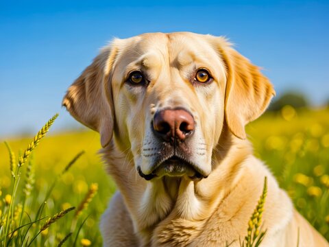 Portrait of a Yellow Labrador Retriever Dog on an Autumn Field. Man's Best Friend. Portrait of the Dog on the Meadow. Family Dog.
