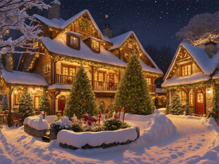 Fototapeta na wymiar Winter snowy image with a wooden house with Christmas decorations.