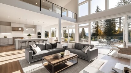 Beautiful living room interior in new luxury home with open concept floor plan Shows kitchen dining room and wall of windows with
