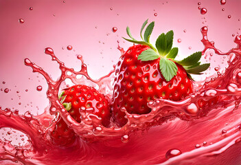 Fantastic concept of fresh strawberry fruit floating on big waves of strawberry pulp and juice