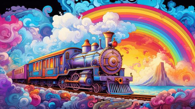 Art Nouveau Illustration of a Train with Rainbow Colors and Parallax Mapping