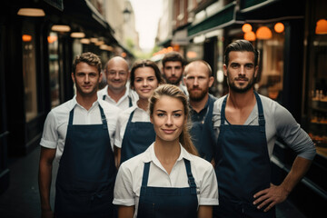 Obraz premium A big group of employees posing in front of their restaurant.
