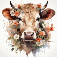 watercolor Cow with Flowers clipart, Generative Ai