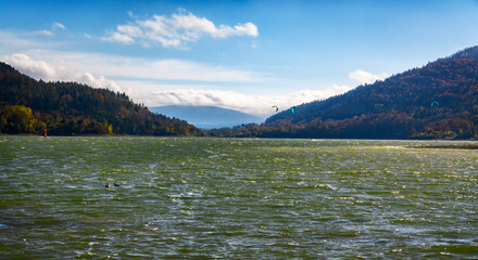 Lake over Klimkowka in the Low Beskid Mountains in Poland on a sunny autumn day.