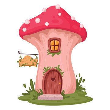 Cartoon fly agaric house. Fairy tale cute amanita cabin flat vector illustration. Fairy forest little mushroom cottage