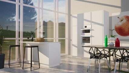 Modellazione 3D di open space con arredo cucina e serramenti grandi
