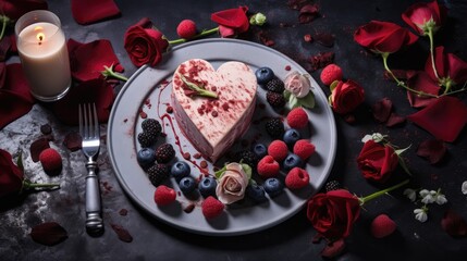  a heart shaped piece of cake with berries and raspberries on a plate with a candle and rose petals.  generative ai