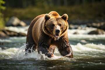 Fototapeta premium Portrait of a Big Grizzly Bear Hunting Salmon in the River in the Wild. Alaskan Wildlife. Nature Reserve, Wildlife Sanctuary. Alaskan Ecosystem.