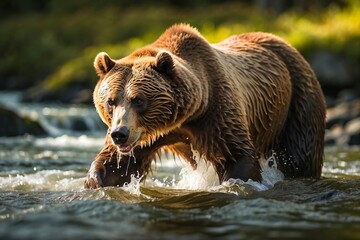Obraz premium Portrait of a Big Grizzly Bear Hunting Salmon in the River in the Wild. Alaskan Wildlife. Nature Reserve, Wildlife Sanctuary. Alaskan Ecosystem.