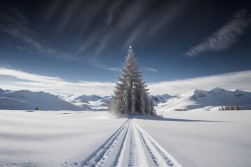 Christmas background. A snow covered field with a single tree in the middle of it and a trail in the middle of the field