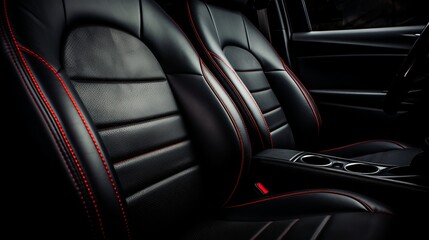 Frontal view of sleek black leather back passenger seats in a modern luxury car interior