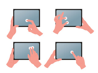 Tablet screen touch gestures. Cartoon hands holding and using digital tablet. Tap, zoom and swipe gestures flat vector illustration set. Hands working with gadgets