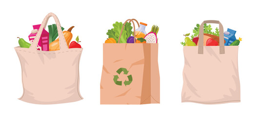 Reusable grocery bags. Cartoon eco shopping bags, zero waste bags with vegetables and fruits flat vector illustration set. No waste textile shopping bags