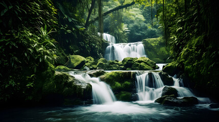 Enchanting Waterfall Cascading Through Lush Greenery, Captured with a Slow Shutter Speed to Emphasize the Flow, Enriched with Deep and Vivid Tones for an Alluring Aesthetic