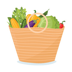 Shopping basket bag. No waste, reusable grocery eco bag with vegetables and fruits flat vector illustration. Zero waste shopping basket bag