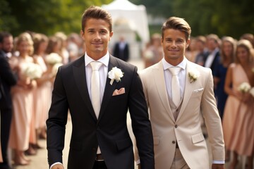 A gay male wedding couple walking down the aisle, Wedding day.