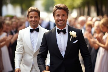 A gay male wedding couple walking down the aisle, Wedding day. - Powered by Adobe