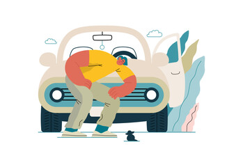 Mutual Support: Adopting a stray animal -modern flat vector concept illustration of man stopping his car for a kitten on the road A metaphor of voluntary, collaborative exchanges of resource, services