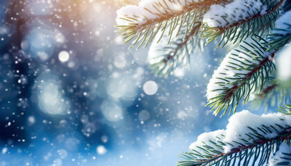 Fototapeta na wymiar christmas snowy fir tree branches close up winter christmas and winter concept with copy space