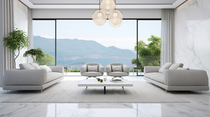 Modern style luxury white living room with glass chandelier overlooking nature view. Generative Ai - obrazy, fototapety, plakaty