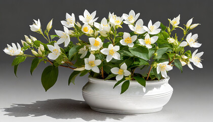 a bush of jasmine flowers grows in a white pot png file of isolated cutout object with shadow on...