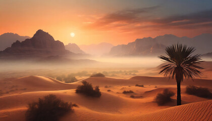 misty evening warm colored ethereal desert landscape pc desktop wallpaper background ai generated