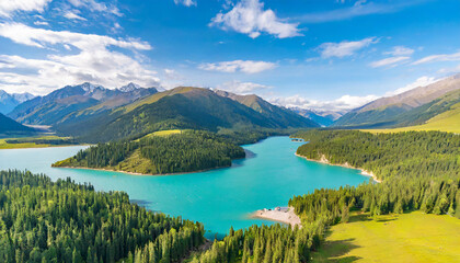aerial view of kanas lake and forest with mountain natural landscape in xinjiang china kanas lake...