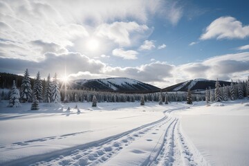 A snow covered road and mountains in the background with clouds in the sky and snow on the ground