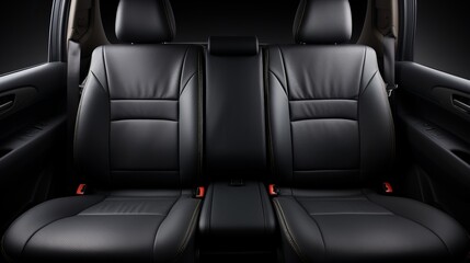 Frontal view of back passenger seats in modern luxury car with black leather upholstery