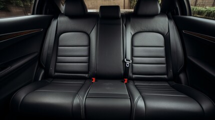 Frontal view of plush black leather back passenger seats in a sleek and modern luxury car interior