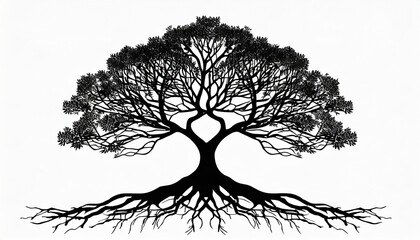 black tree silhouette vector illustration with roots isolated on white background - obrazy, fototapety, plakaty
