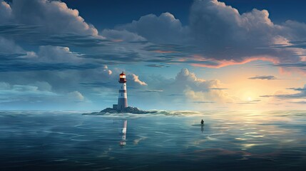  a painting of a lighthouse in the middle of a body of water with a person standing on a small island in the middle of the water.  generative ai