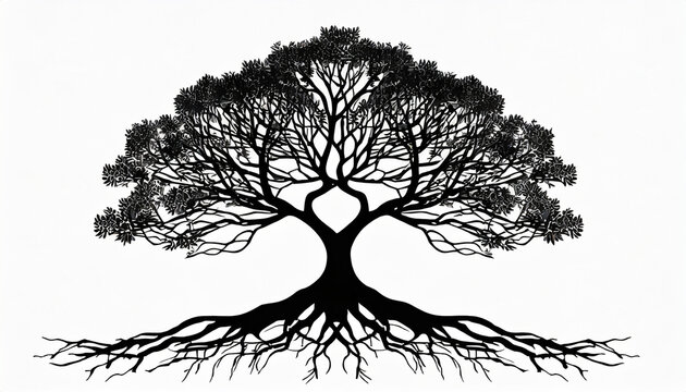black tree silhouette vector illustration with roots isolated on white background