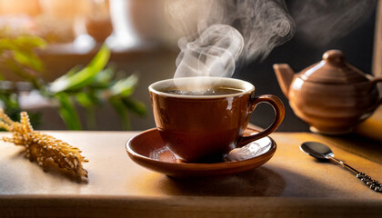 breakfast brew a steamy cup of tea or coffee in a brown mug awakens the senses offering a...