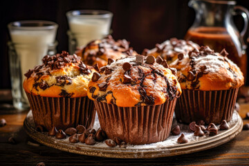 Chocolate muffins with chocolate glaze on a wooden background.