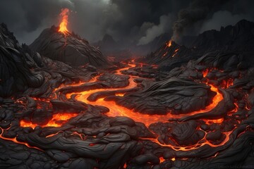 flow burning lava in the photo of the mountains