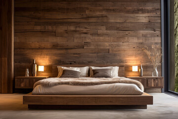 Interior of modern bedroom with wooden walls, concrete floor and comfortable king size bed.