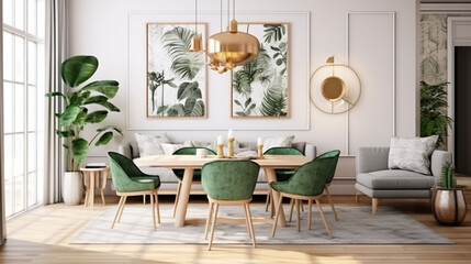 Stylish and eclectic dining room interior, sharing table chairs,and elegant sofa. Generative Ai