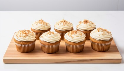 assortment of freshly baked cupcakes with cream cheese frosting and cinnamon sprinkle on white table