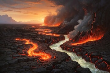 flow burning lava in the photo of the mountains
