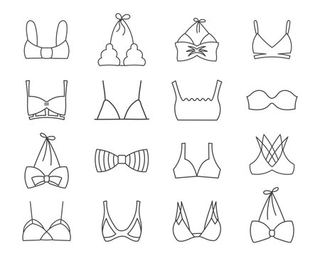 Set of different types of women's bras. Line drawing, sketch, icons, vector