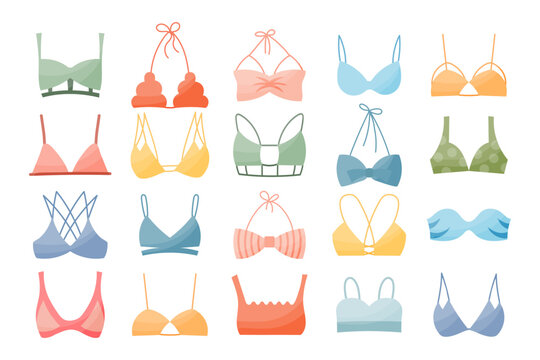 Set of different types of women's bras. Colorful icons, vector