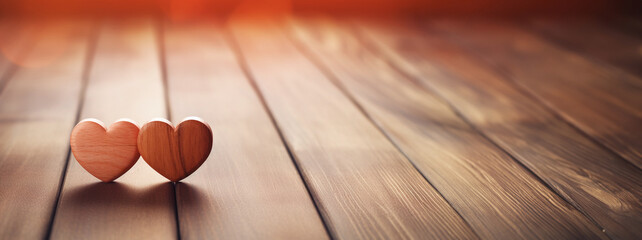 Zwei hölzerne Herzen auf einer Holzoberfläche strahlen im warmen Licht. Sie symbolisieren Liebe und Zuneigung, perfekt für den Valentinstag. - obrazy, fototapety, plakaty