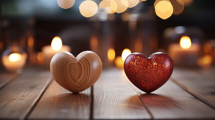 Zwei hölzerne Herzen auf einer Holzoberfläche strahlen im warmen Licht. Sie symbolisieren Liebe...